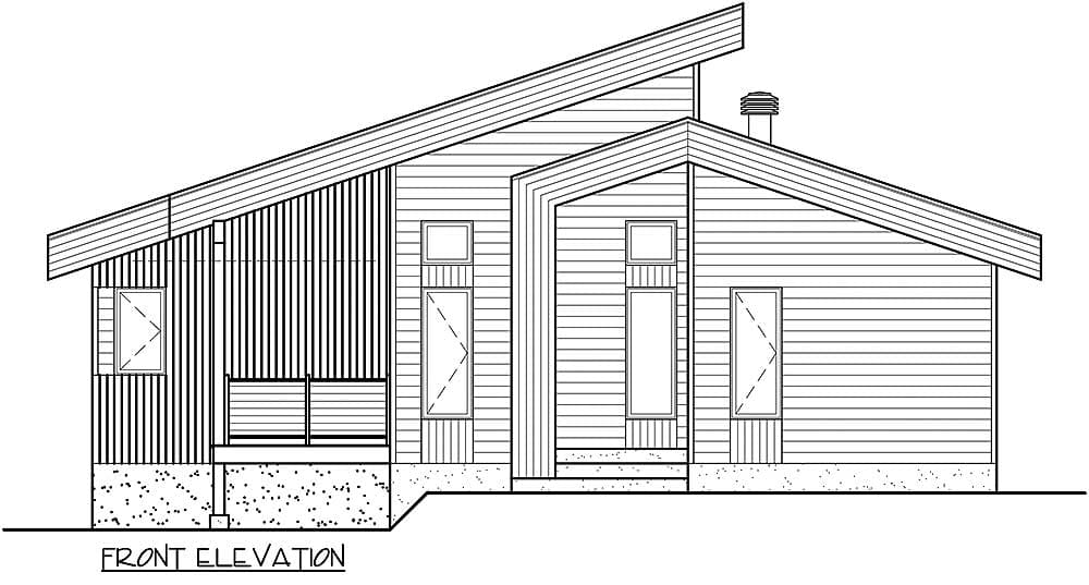 Front elevation drawing of a single-story house with a sloped roof, prominent gables, multiple windows, and a covered porch.