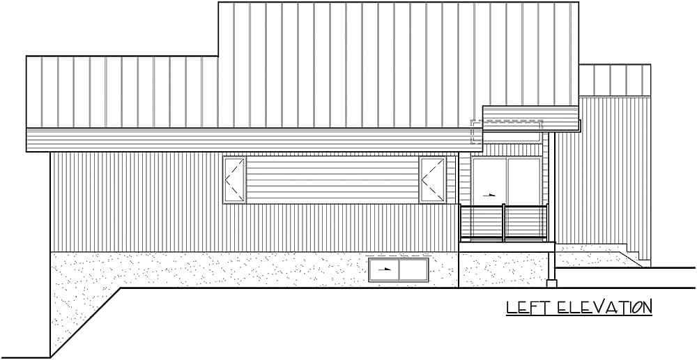 Left elevation drawing of a house plan showing a two-story structure with metal siding, a balcony, and multiple windows.