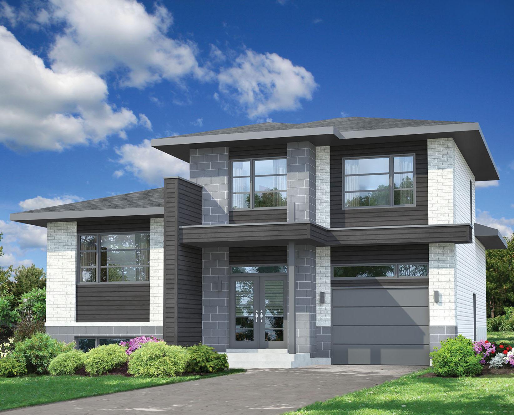 Modern two-story house plan exterior with stacked stone, horizontal siding, and a flat roofline.