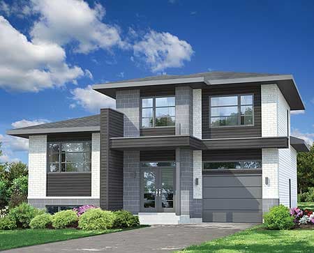 Two-story modern house plan exterior with mixed materials, flat roof, and attached garage.