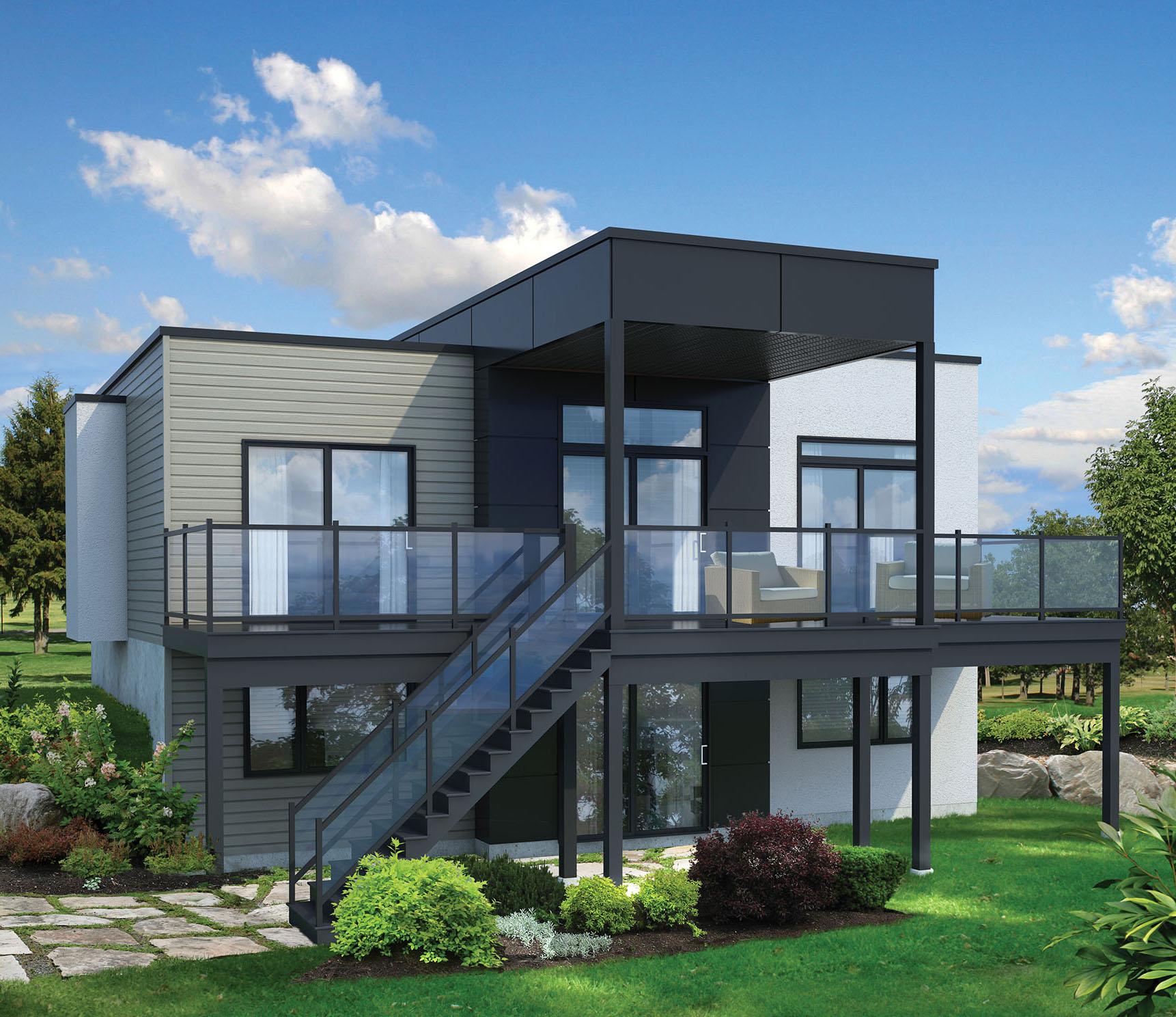 Modern house plan exterior with two stories, a cantilevered upper deck, glass railings, and a mix of horizontal siding and stucco finishes.