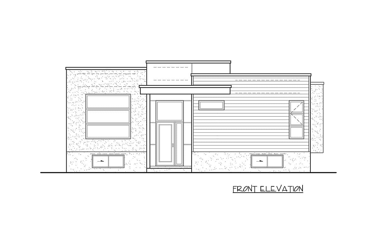 Front elevation drawing of a single-story modern house plan with a flat roof, horizontal siding, and varied window arrangements.