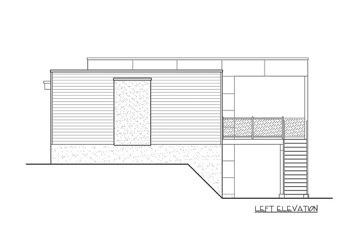 Left elevation drawing shows house plan with horizontal siding, a textured inset, a deck with railings, and exterior stairs.
