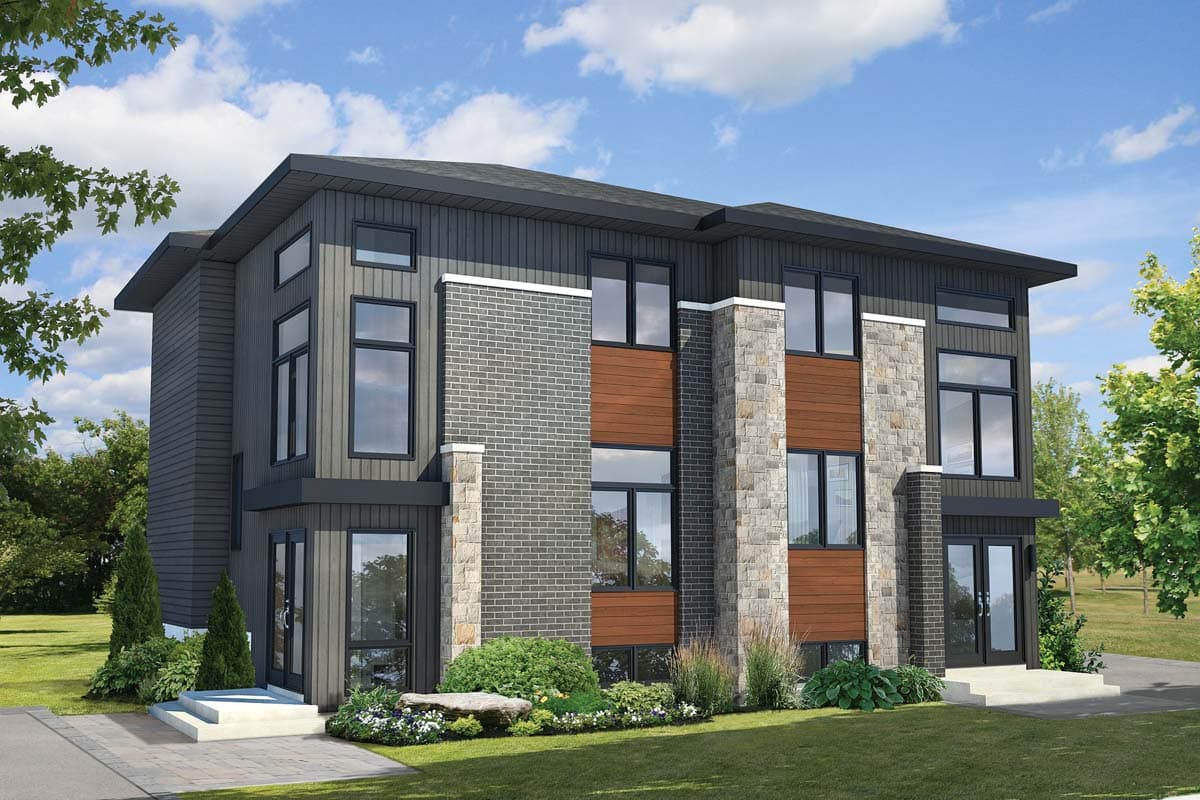 Modern house plan exterior featuring two stories, board-and-batten siding, stone, and wood accents with multiple large windows.