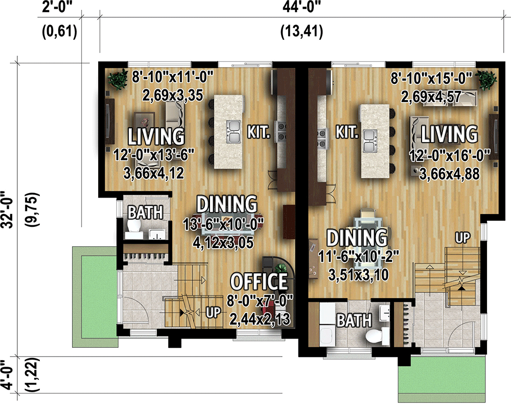 Plan 80781PM: Modern Duplex House Plan with 1304 Square Foot Units - Floor Plan - Main Level - Contemporary, Modern, Northwest, Prairie