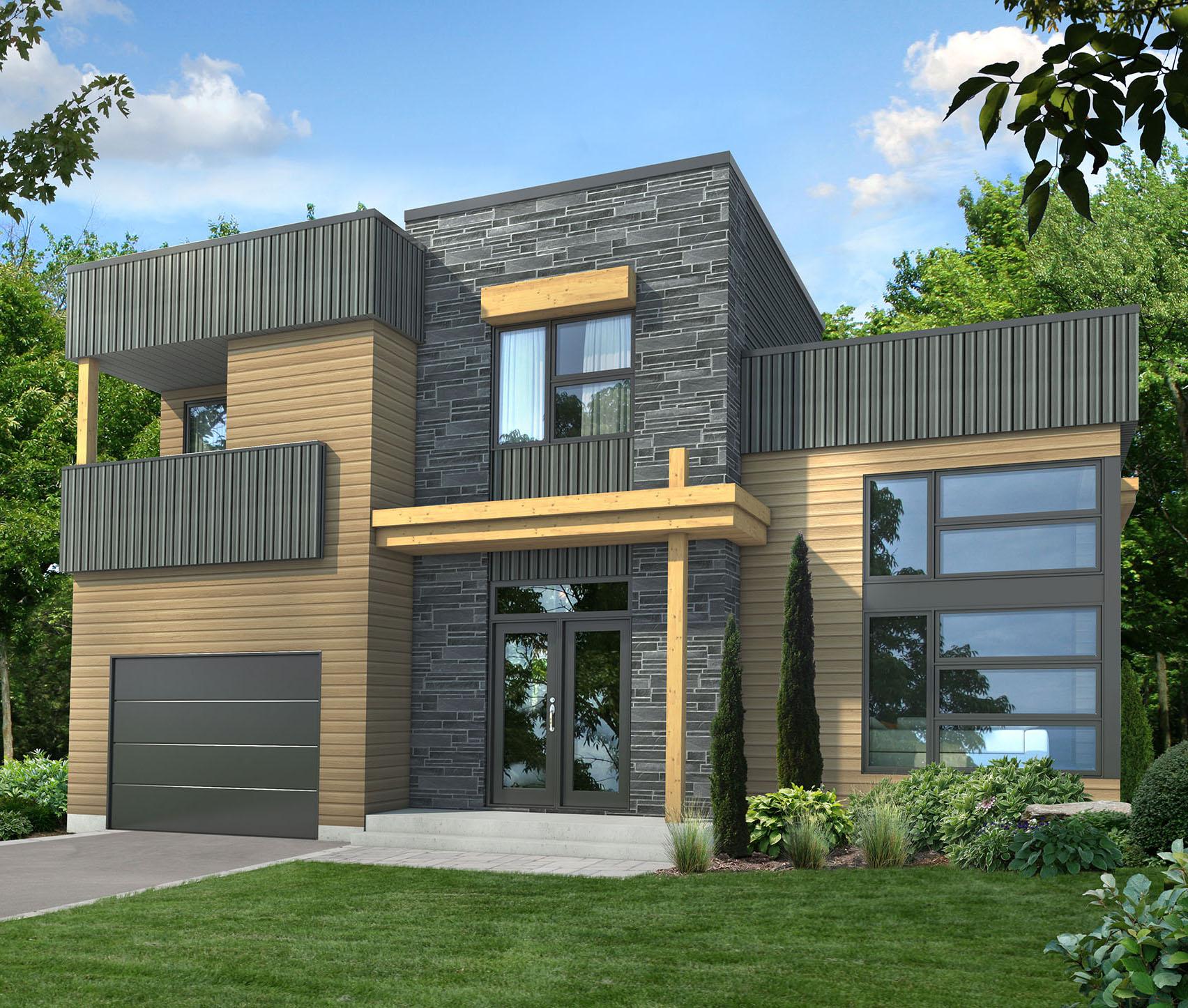 Modern two-story house plan exterior with stacked stone, wood siding, metal panels, and a two-car garage.