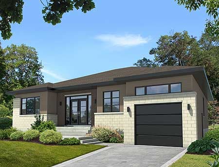 Modern ranch house plan exterior with a single-story design, wide eaves, horizontal siding, and attached two-car garage.