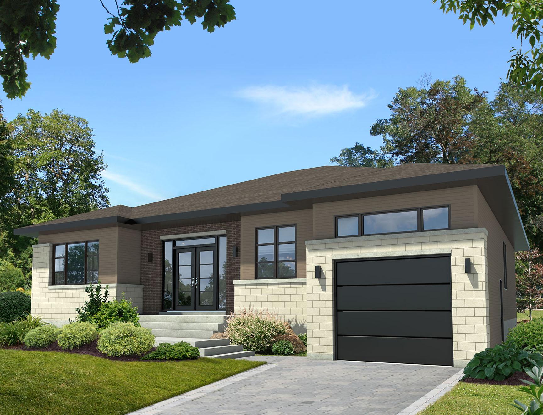 House plan exterior, one story, modern style, featuring a brick and siding facade, double entry doors, and a single garage door.