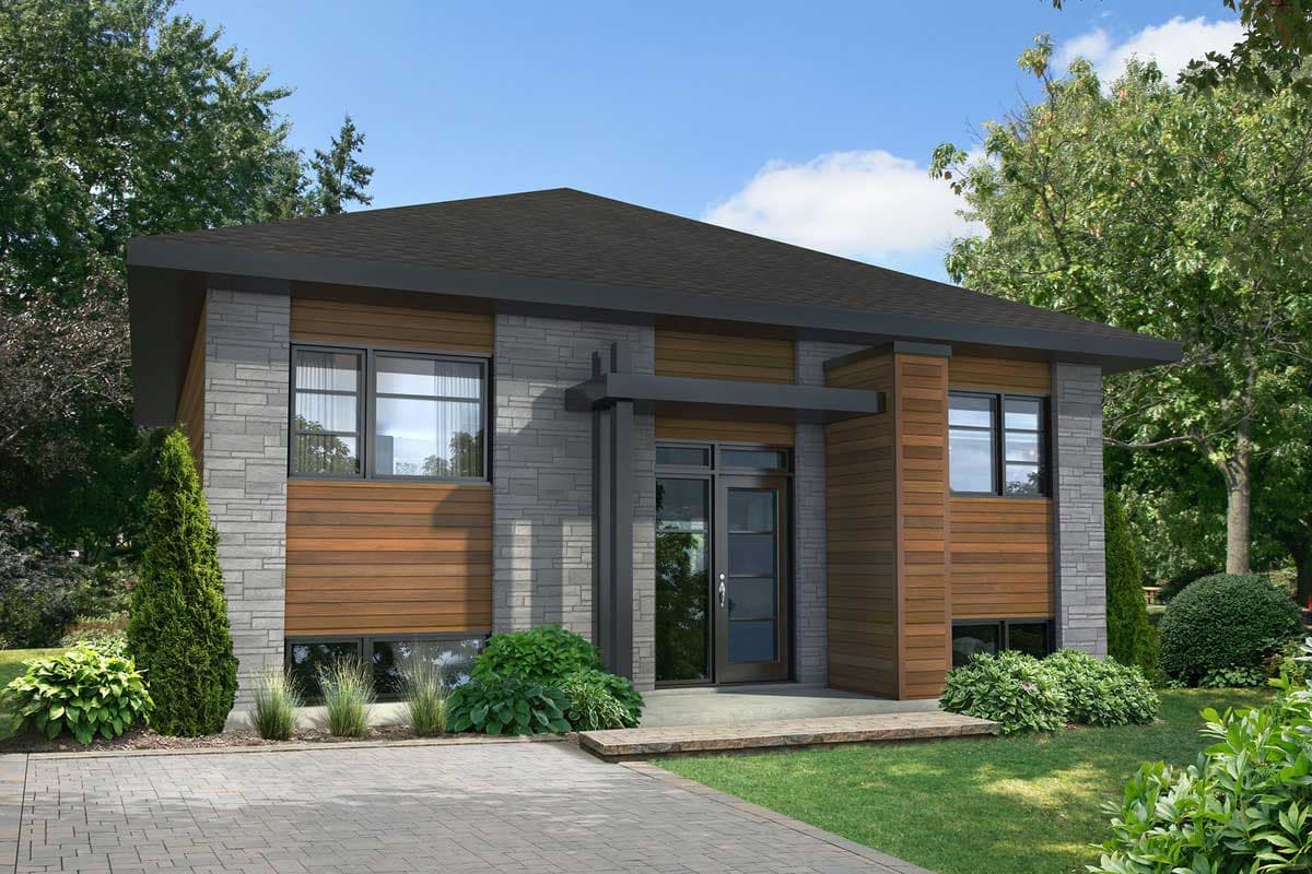 Modern house plan exterior with stone and wood siding, flat roof, and cantilevered entry canopy.
