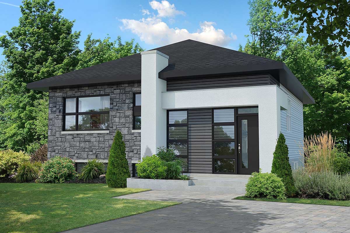 Modern house plan exterior with stone facade, stucco, horizontal siding, and contemporary entryway.