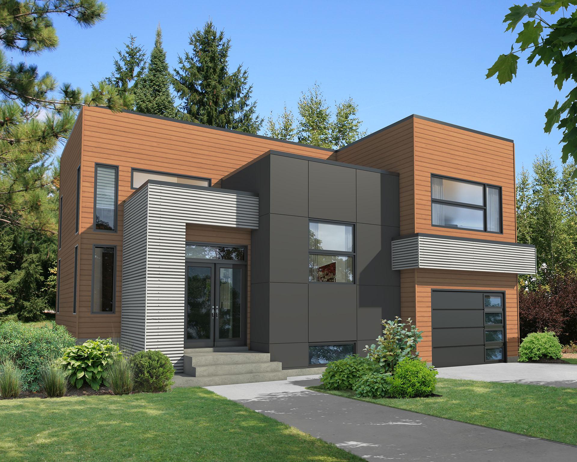 Modern house plan exterior with wood siding, dark paneling, horizontal window bands, and a two-car garage.