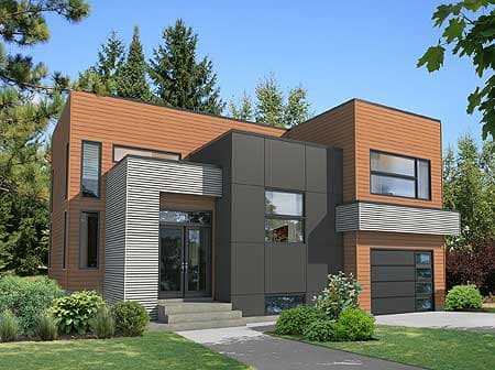 Modern house plan exterior with a two-story design, contrasting wood and dark paneling, prominent entry, and attached garage.