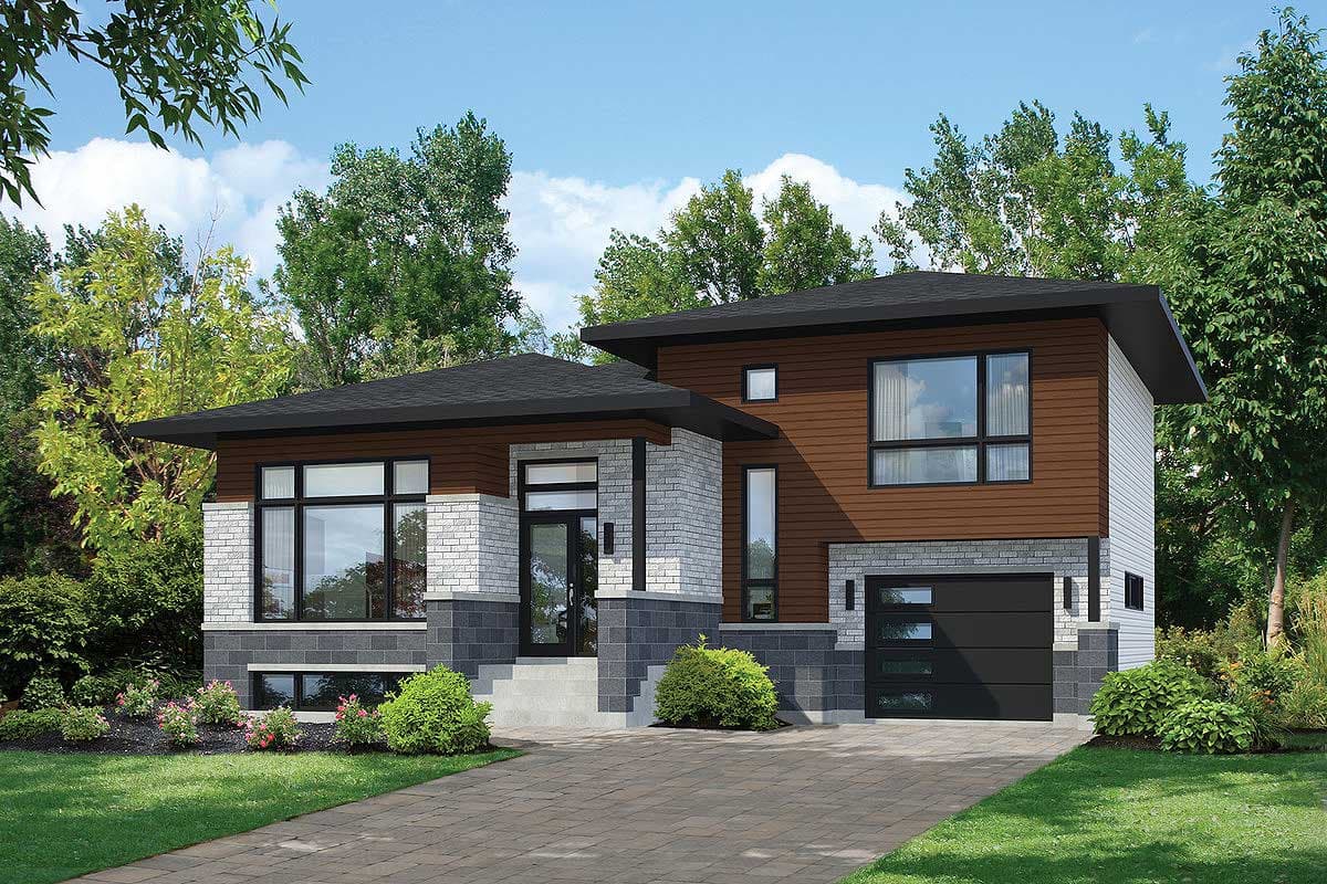 Modern house plan exterior with two stories, flat roofline, wood siding, stone accents, and attached garage.
