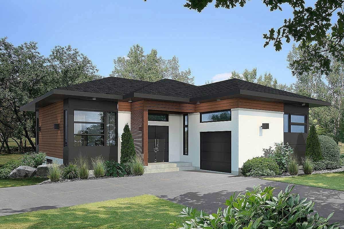 House plan exterior: single-story modern home with hip roof, wood and stucco siding, and attached garage.
