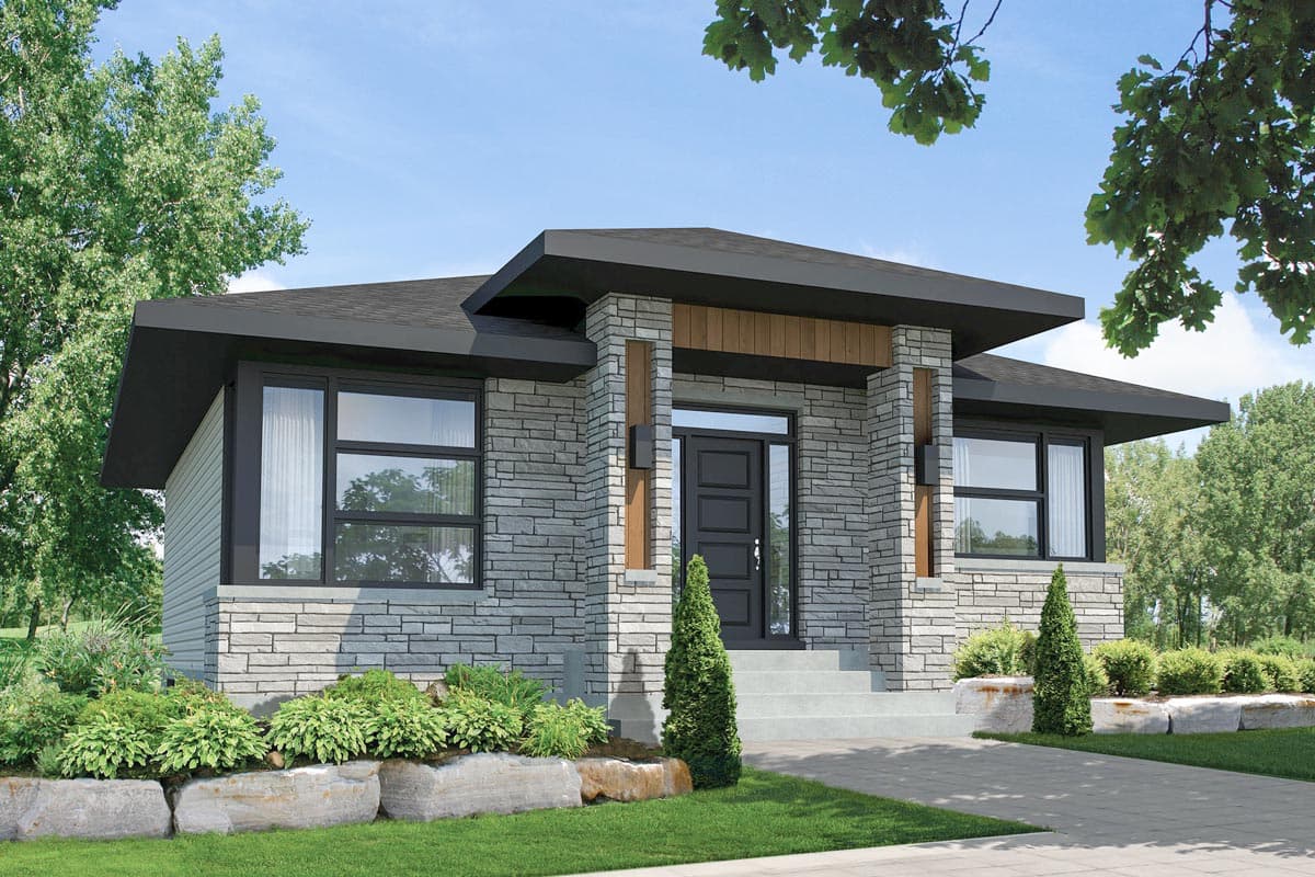Modern ranch house plan exterior with stone facade, wide eaves, and contemporary entry.