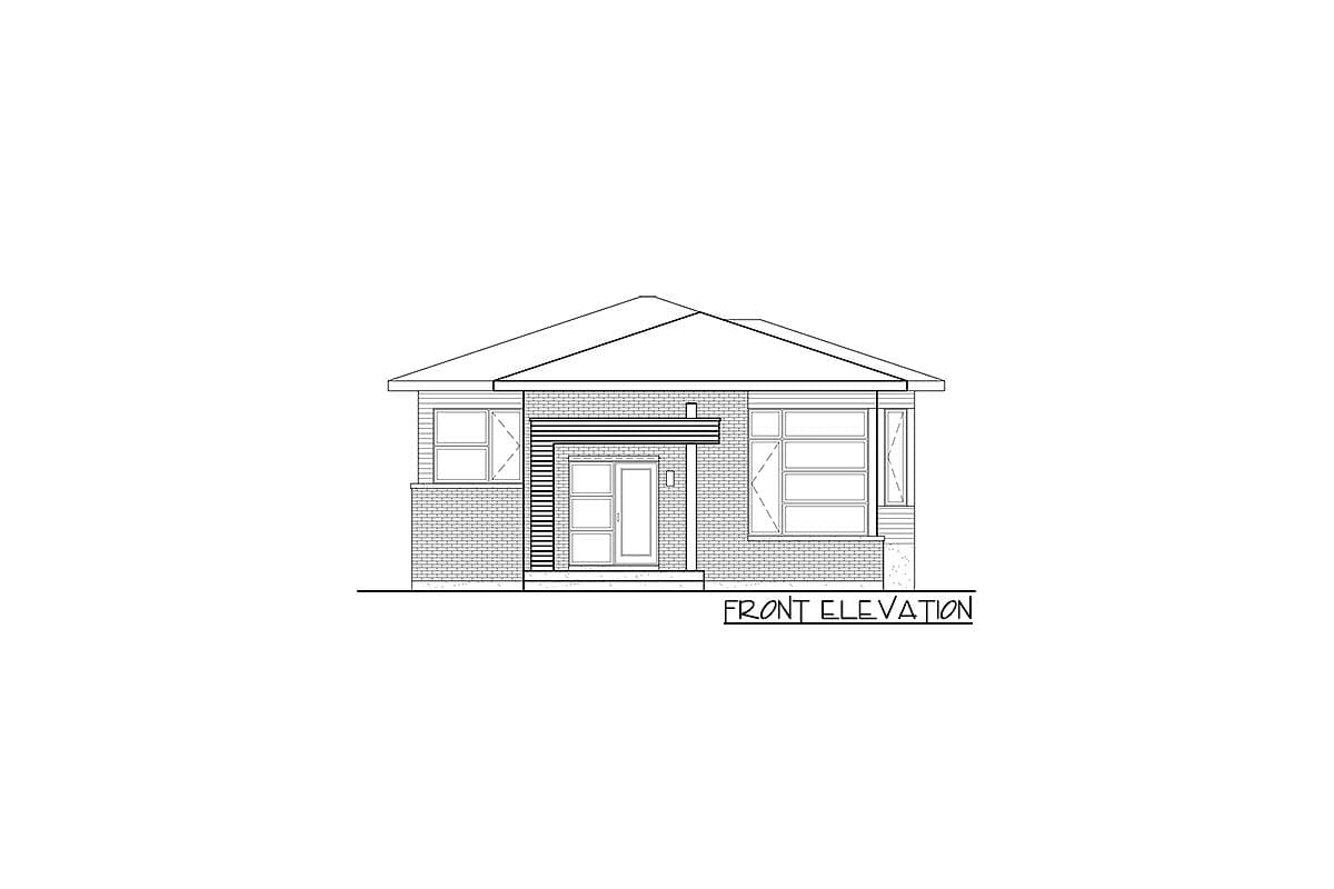 Front elevation drawing of a single-story house with a hip roof, brick and horizontal siding, and a modern entry door.