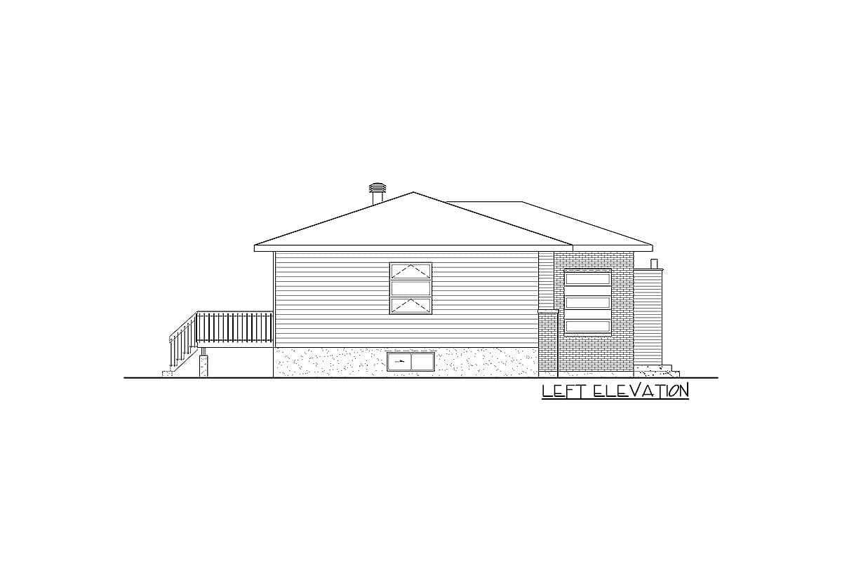 Left elevation drawing of a house with horizontal siding, a hip roof, a porch with railing and steps, and a brick chimney.