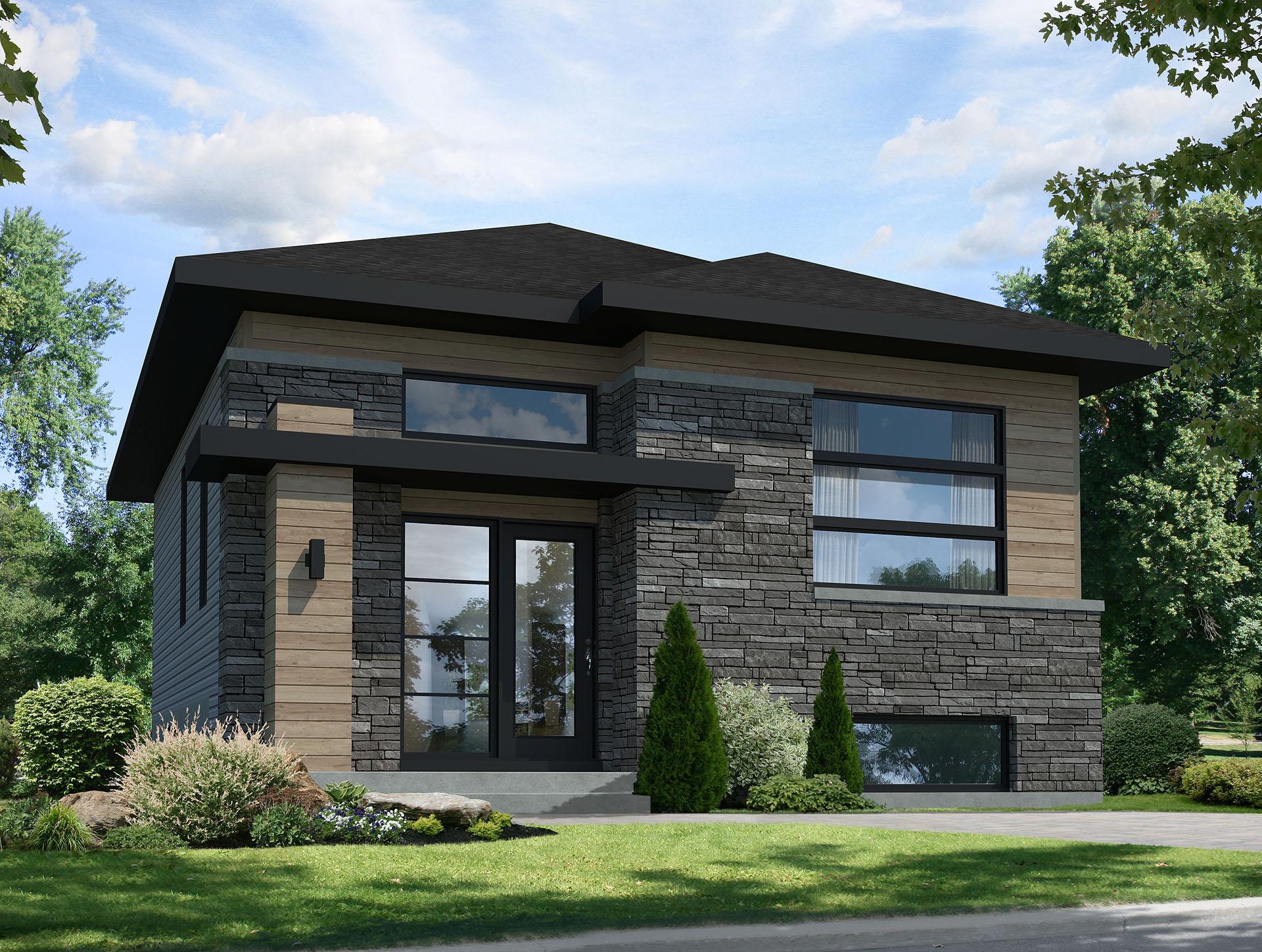 Modern house plan exterior with stone and wood siding, large windows, and a flat roof.