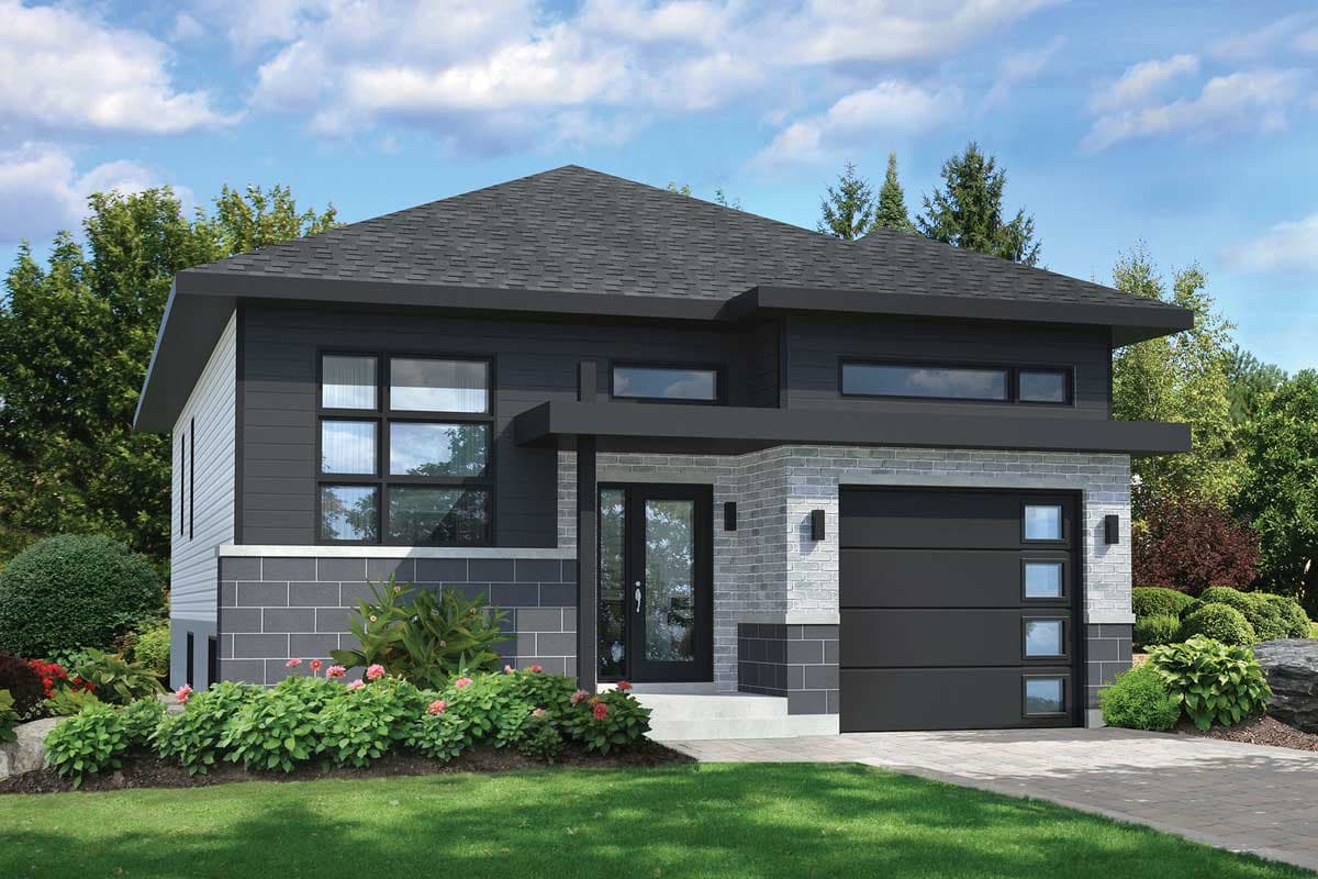 Modern house plan exterior with stone accents, large windows, covered entryway, and attached two-car garage.