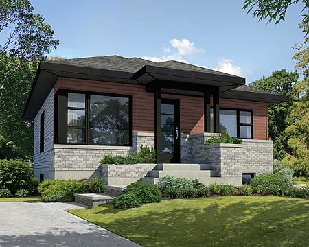 Modern house plan exterior with stone base, wood siding, and a cantilevered porch roof over the entry.