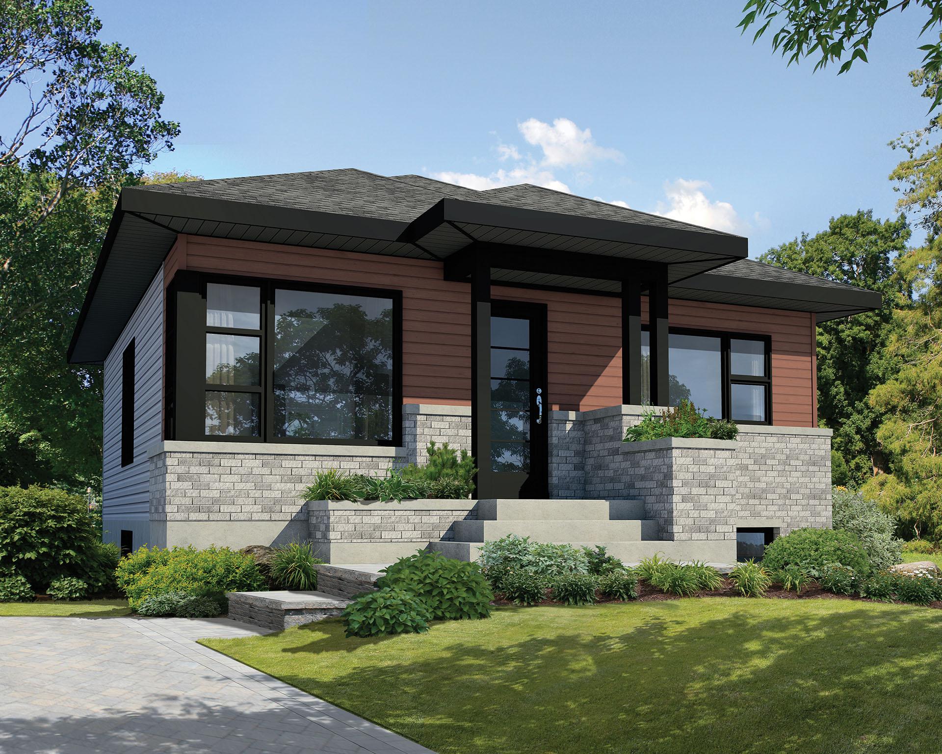 House plan exterior of a single-story home with a modern aesthetic, featuring stone and wood siding, large windows, and a prominent covered entrance.