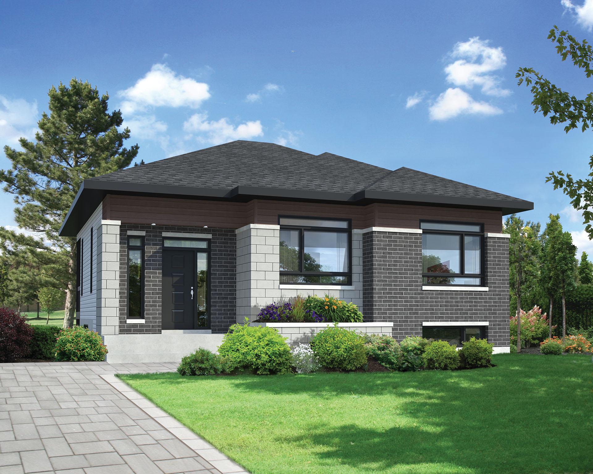 Modern house plan exterior with gray brick, wood siding, pitched roof, and covered front entry.