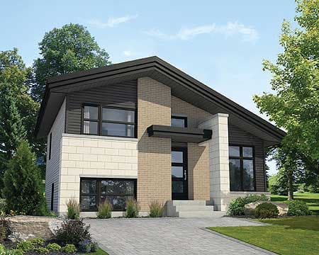 Modern house plan exterior with a pitched roof, stone and brick facade, and large dark-framed windows.