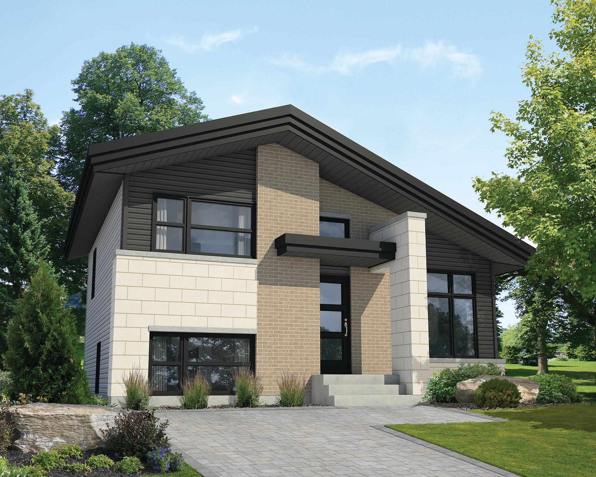Modern house plan exterior with a unique roofline, brick and stone facade, and prominent entryway column.