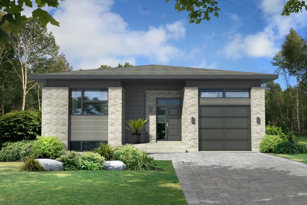 Modern house plan exterior with light brick, horizontal siding, flat roof, attached garage, and wide front entrance.