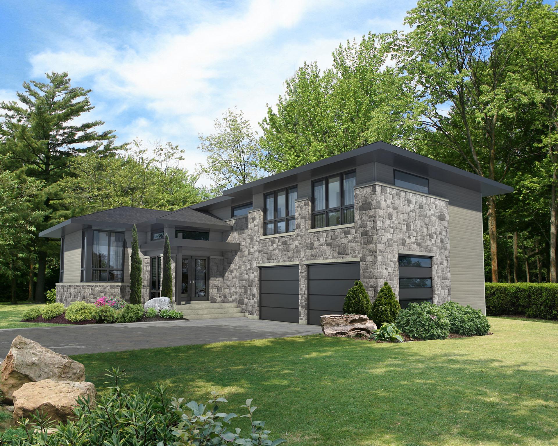 Modern house plan exterior with stone facade, two-car garage, and flat rooflines.