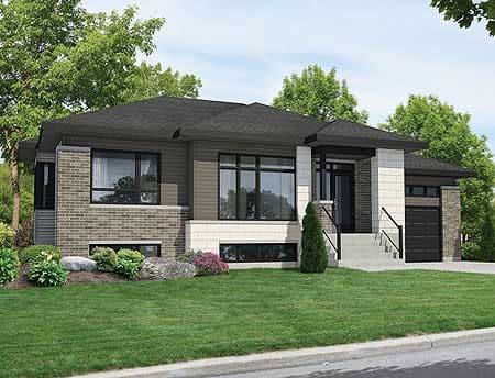 House plan exterior: Modern one-story residence with stone and siding, prominent entrance, and attached garage.