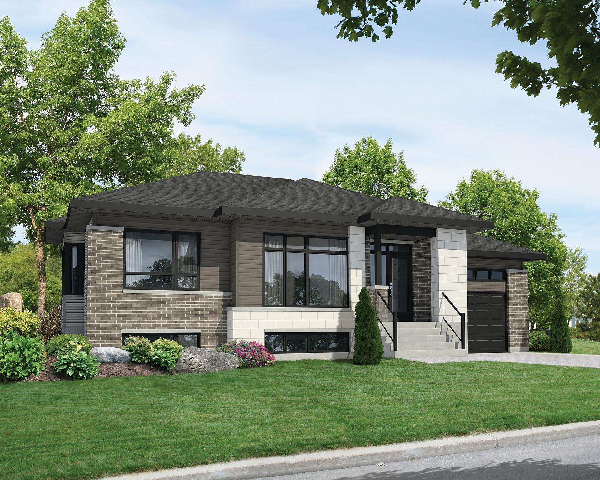 Modern house plan exterior with brick and siding, large windows, attached garage, and a covered entryway.