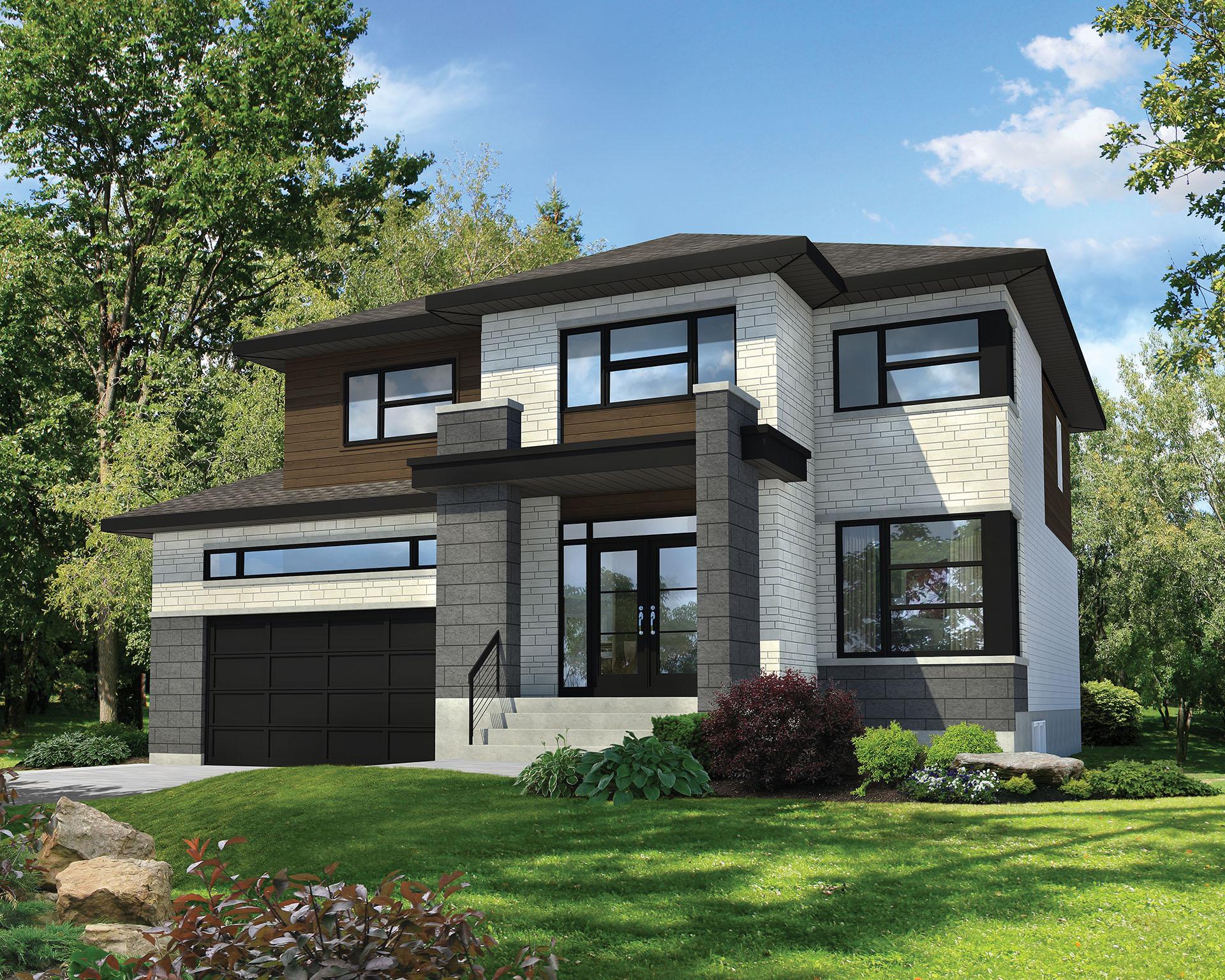 Modern two-story house plan exterior with stone and wood facade, large windows, attached garage, and flat rooflines.