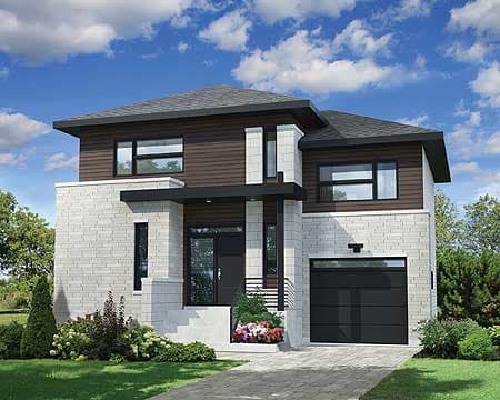 House plan exterior: two-story modern home with stone and wood siding, hip roof, and attached garage.