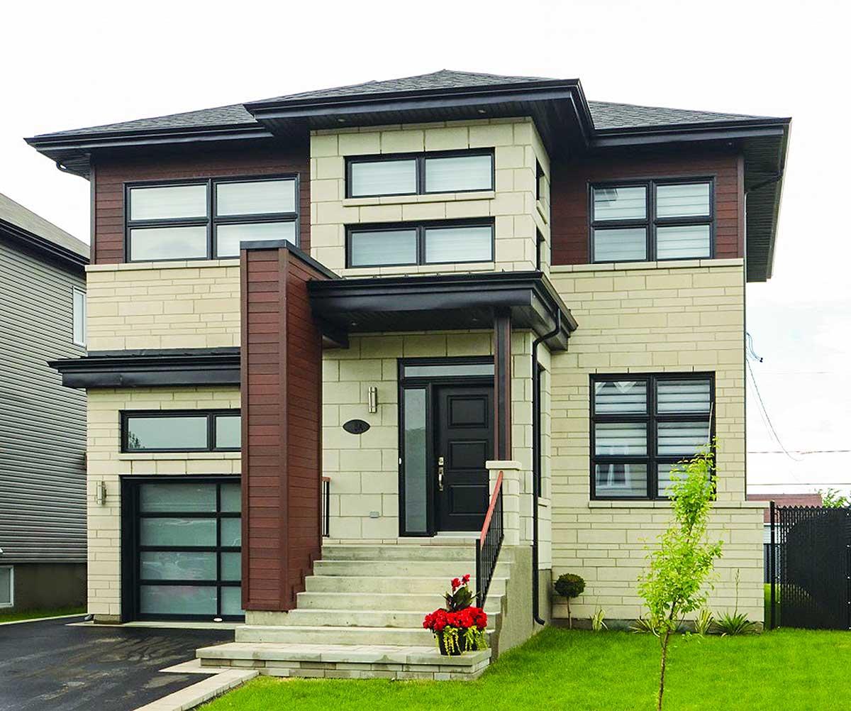House plan exterior. Modern style, two-story home with flat roof, covered entry, and attached garage. Exterior features brick and wood accents.