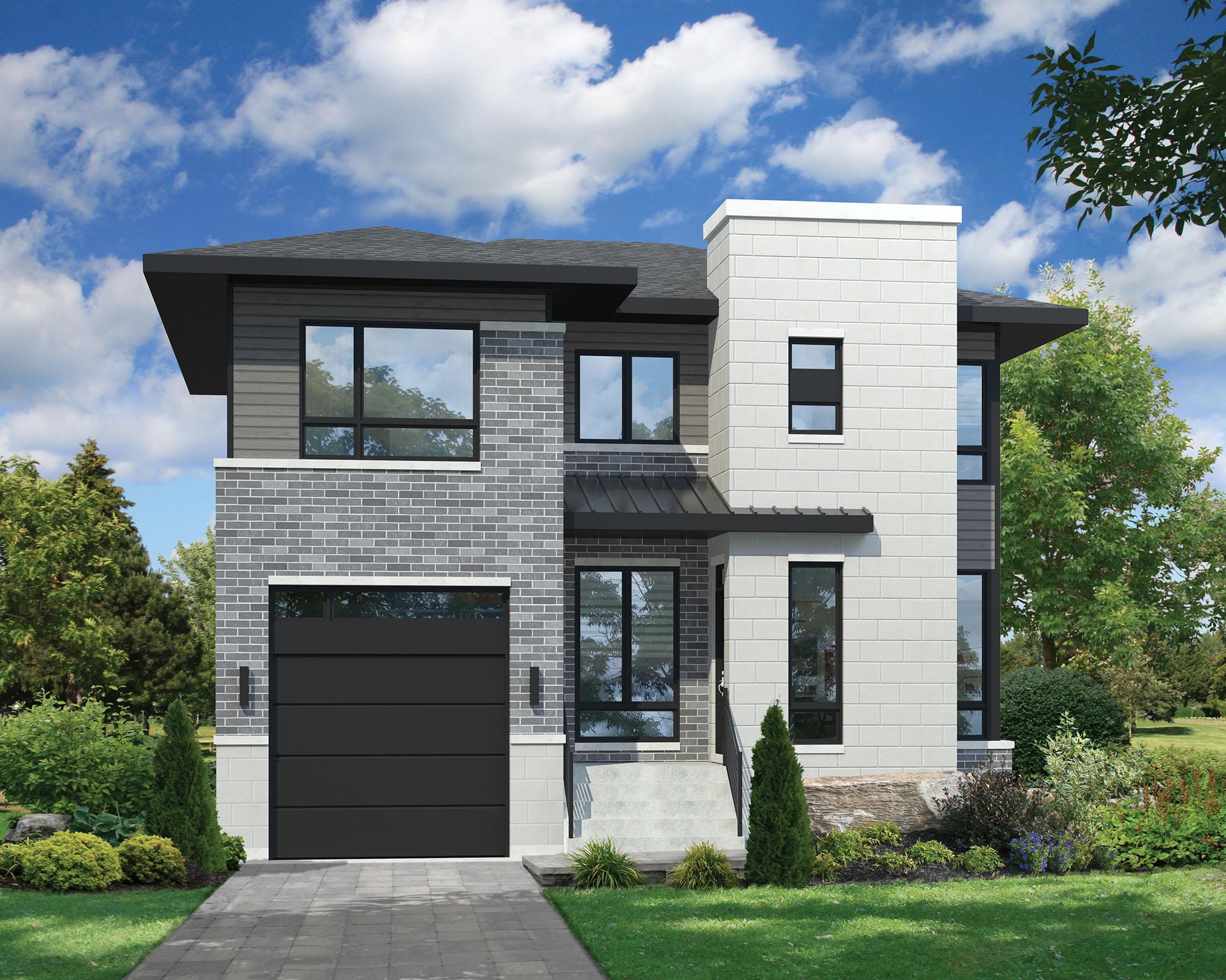 Two-story modern house plan exterior with gray brick, white block facade, dark trim, and integrated garage.