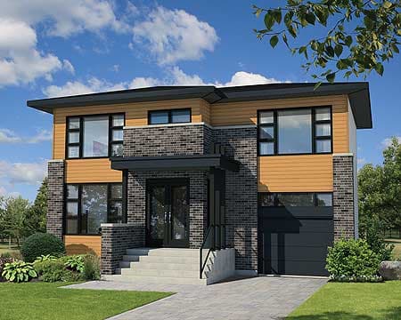 Modern two-story house plan exterior with brick, wood siding, large windows, covered entryway, and attached garage.