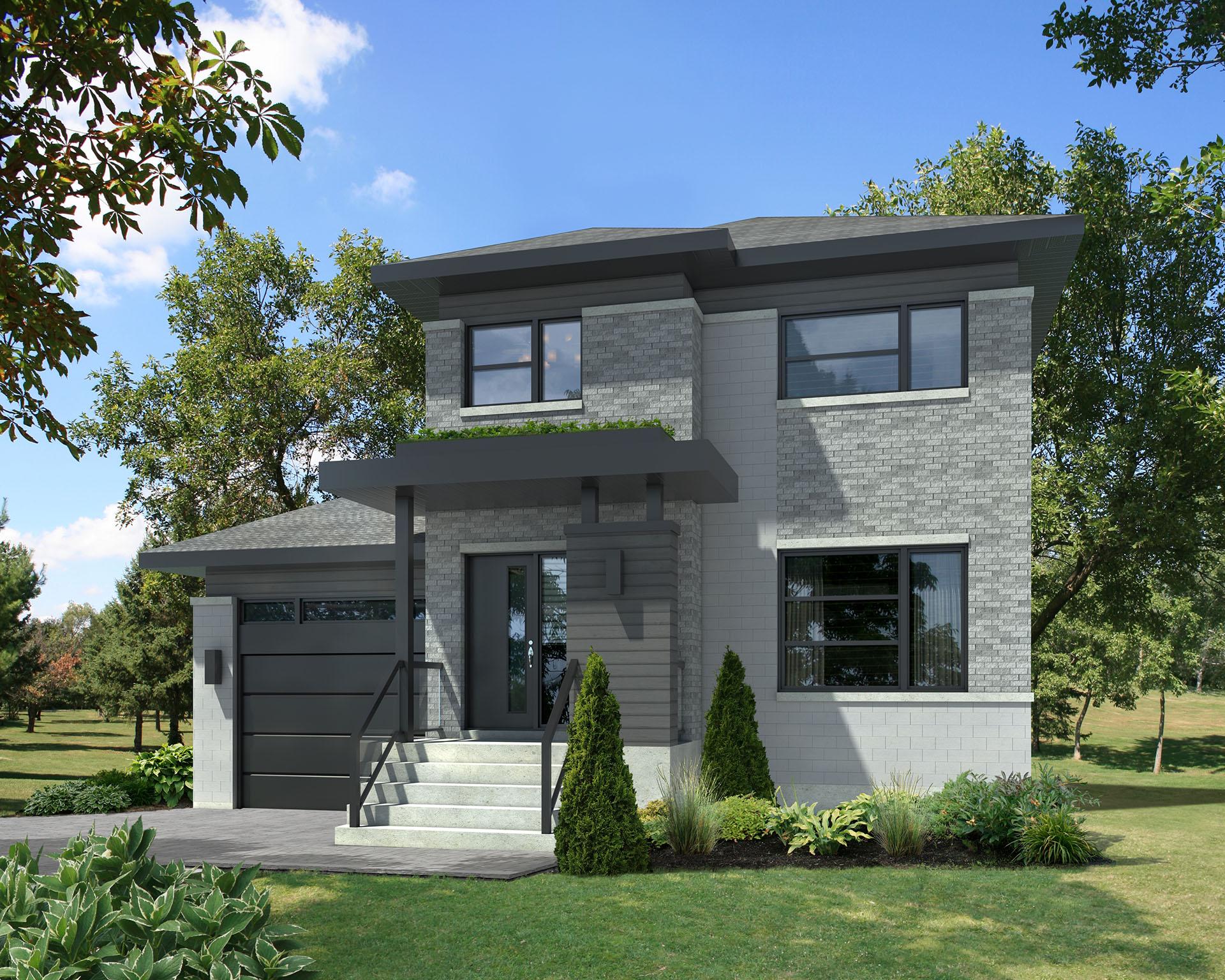 House plan exterior: Two-story modern home with brick facade, gabled roof, covered entry, and attached garage.