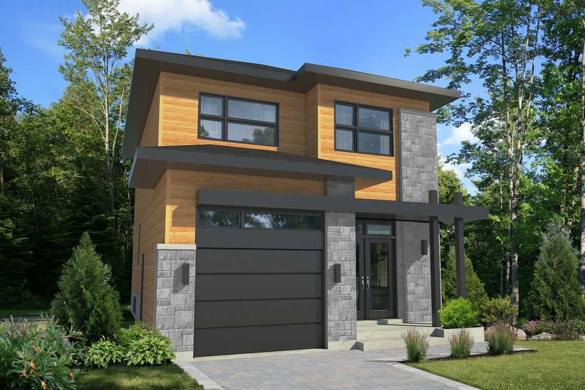Modern house plan exterior with wood siding, stone accents, flat roof, and a two-car garage.