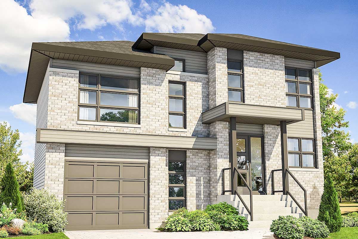 Modern two-story house plan exterior with light brick facade, large windows, multi-level roofline, and attached garage.