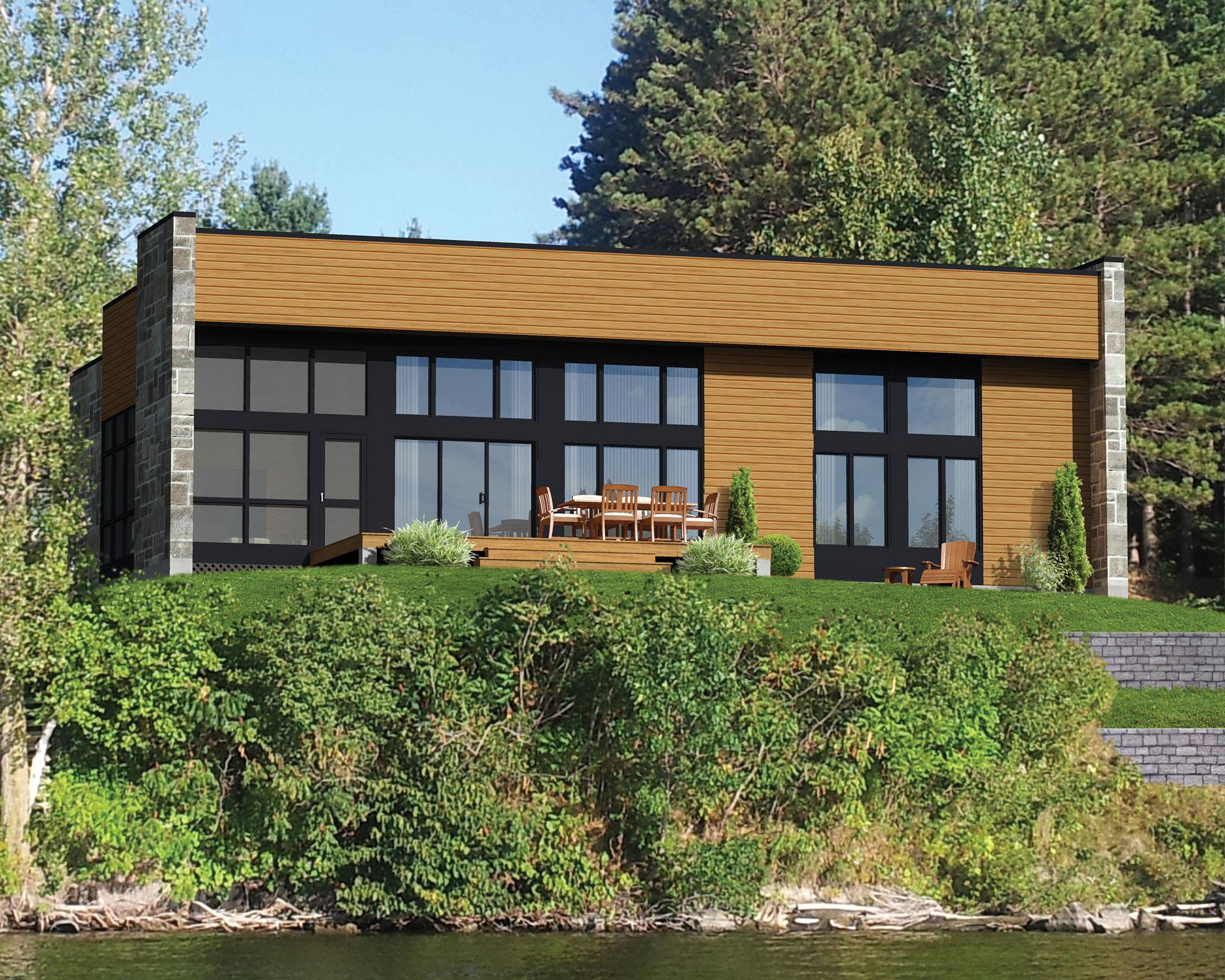 Modern house plan exterior with wood siding, stone accents, large windows, and a rear deck.