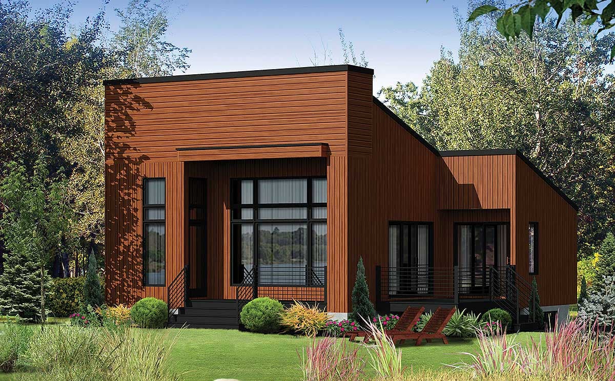 Modern house plan exterior with wood siding, asymmetrical rooflines, large windows, and a covered porch.
