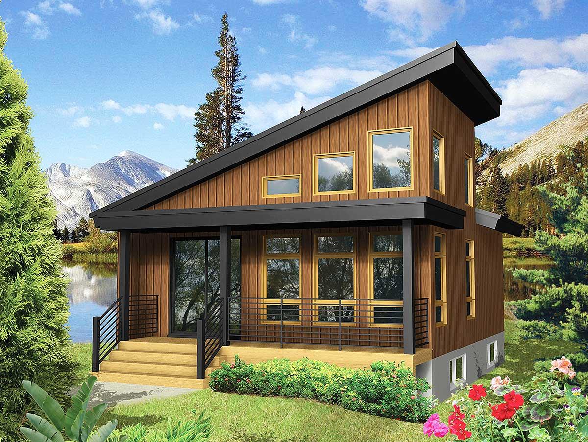 Modern house plan exterior with a steep shed roof, vertical siding, and a covered porch with metal railings.