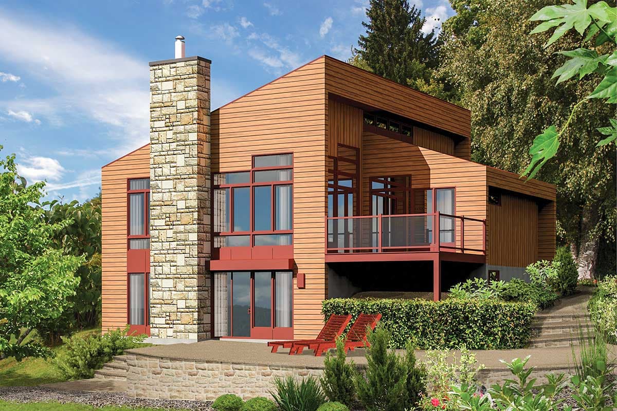 House plan exterior with stone chimney, wood siding, large windows, and multi-level deck.