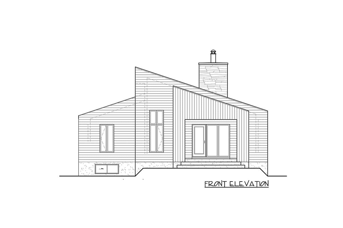 Front elevation drawing of a modern house plan with a prominent stone chimney, asymmetrical rooflines, and large glass doors.