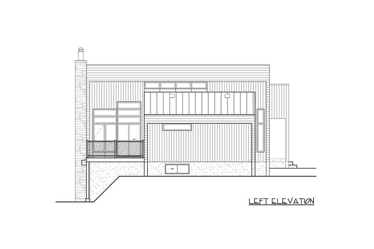 Left elevation drawing of a house plan with a cantilevered upper level, stone chimney, and multiple window configurations.