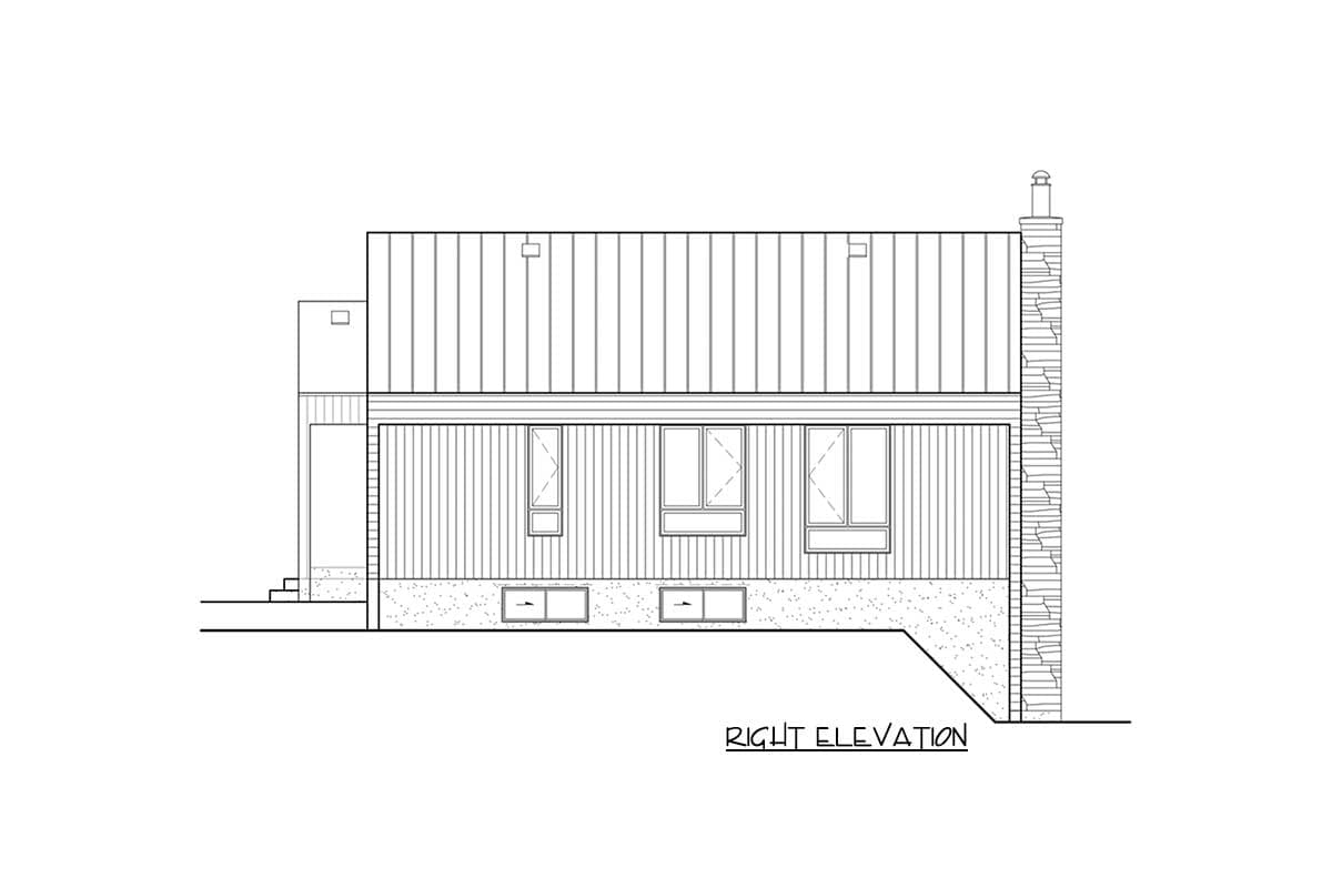 House plan right elevation with a metal roof, vertical siding, multiple windows, and a stone chimney.