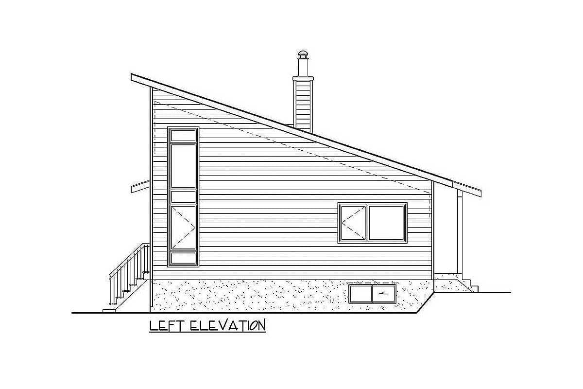 Left elevation drawing of a house plan with a shed roof, chimney, stacked vertical windows, and a single horizontal window.