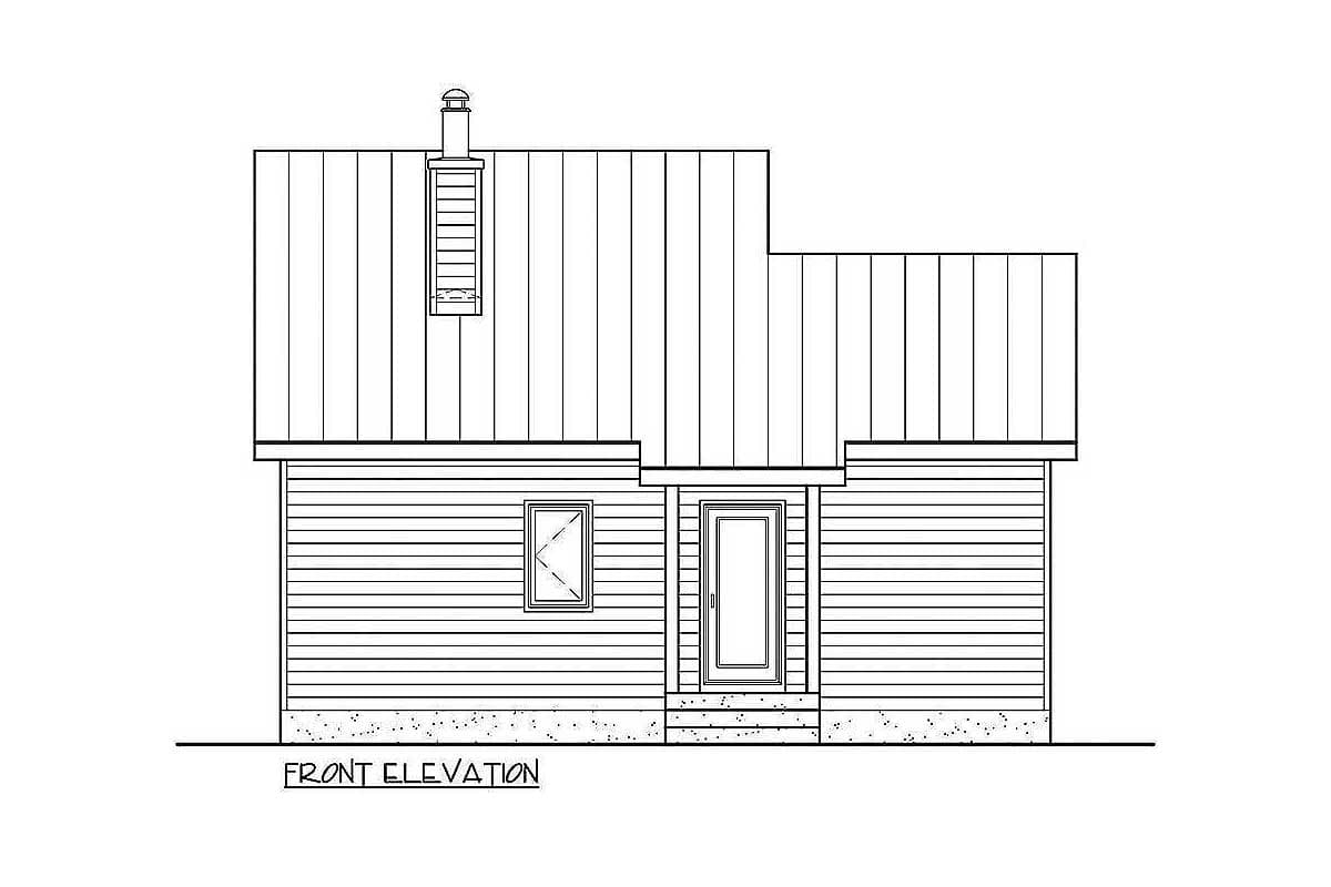 Front elevation of a house plan showing a metal roof, single door with a small window, and one additional window.