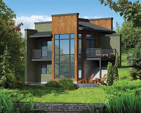 House plan exterior: Modern style, two stories, with vertical wood siding, large glass windows, and balconies.